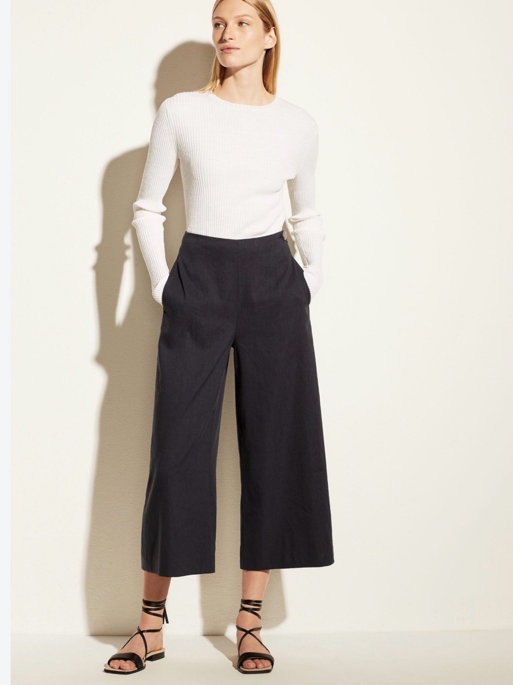 Vince Women’s Black Solid Linen Flat Front Wide-Leg Cropped Zip Pants 2
